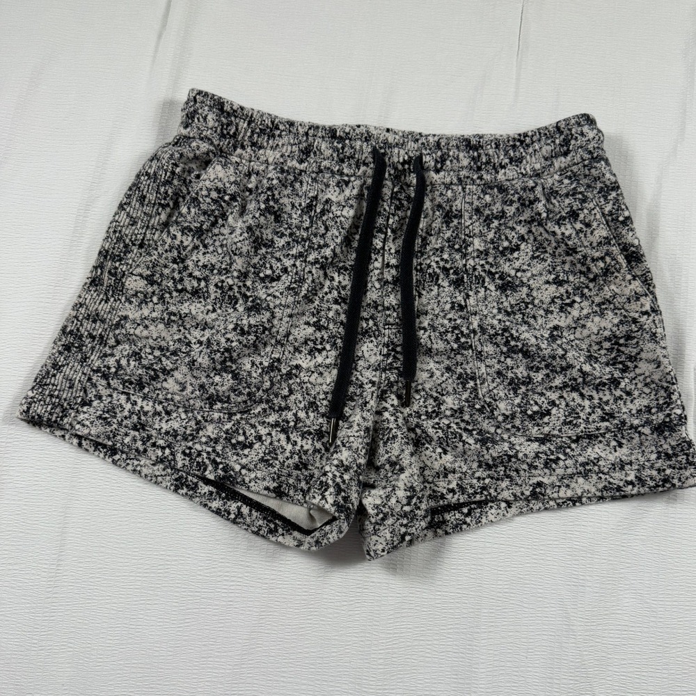 Athleta Womens Small Black White Marble Print Knit Shorts Drawstring Pockets